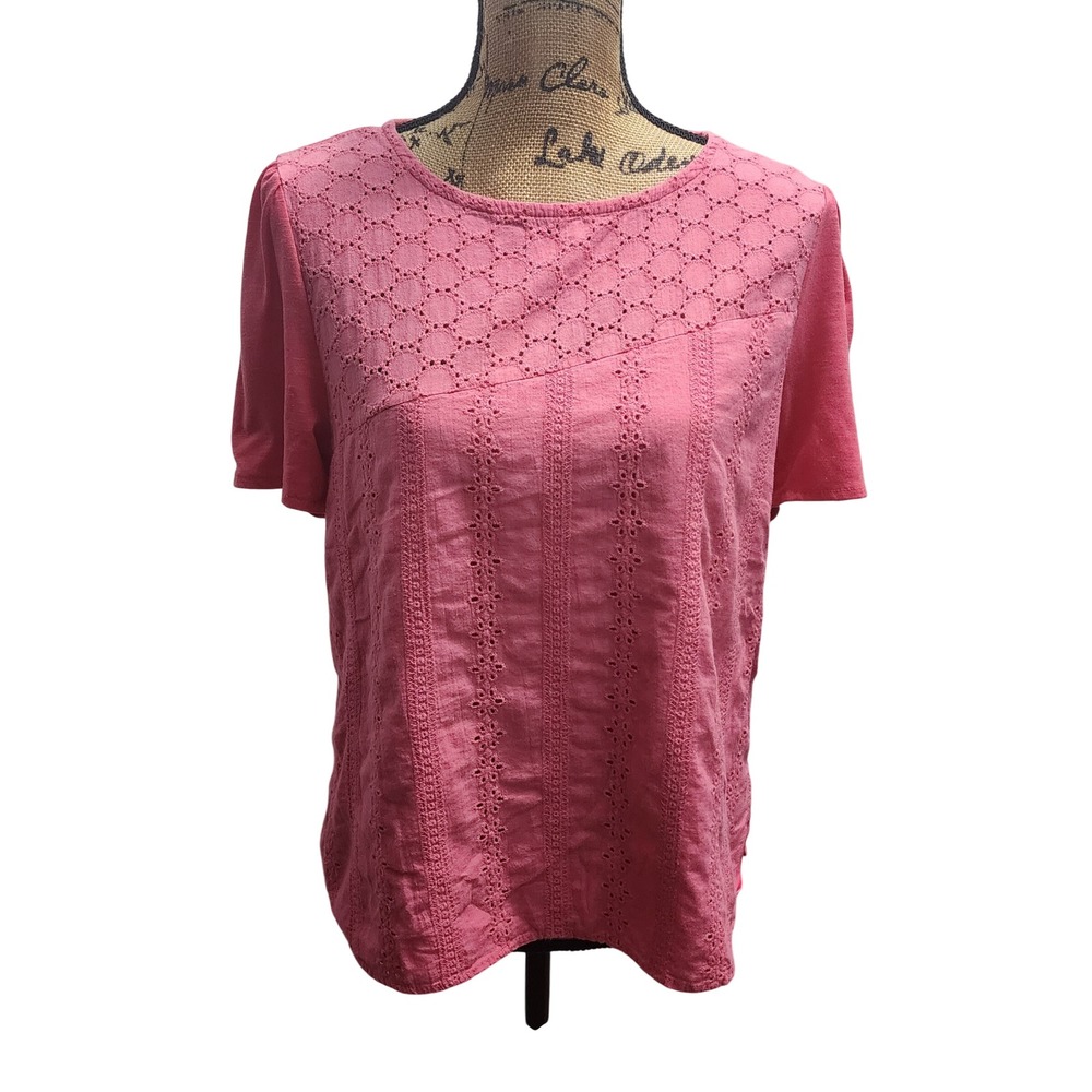 Kaktus Pink Eyelet Embroidered Knit Top Short Sleeve Round Neck Women's M